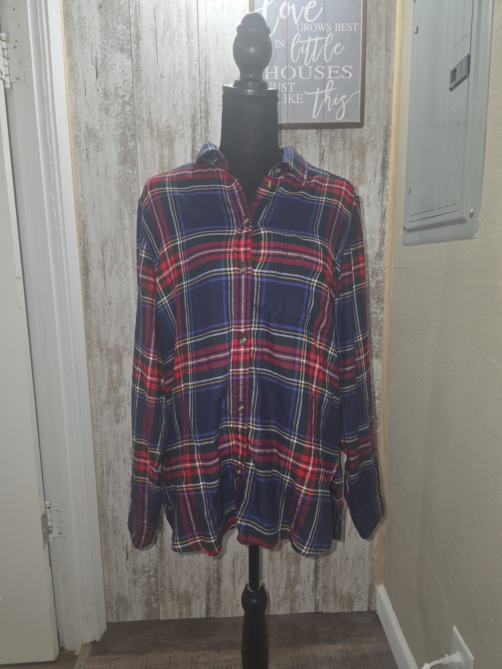 NWT! Womens Navy and Red Plaid Button-Up Shirt